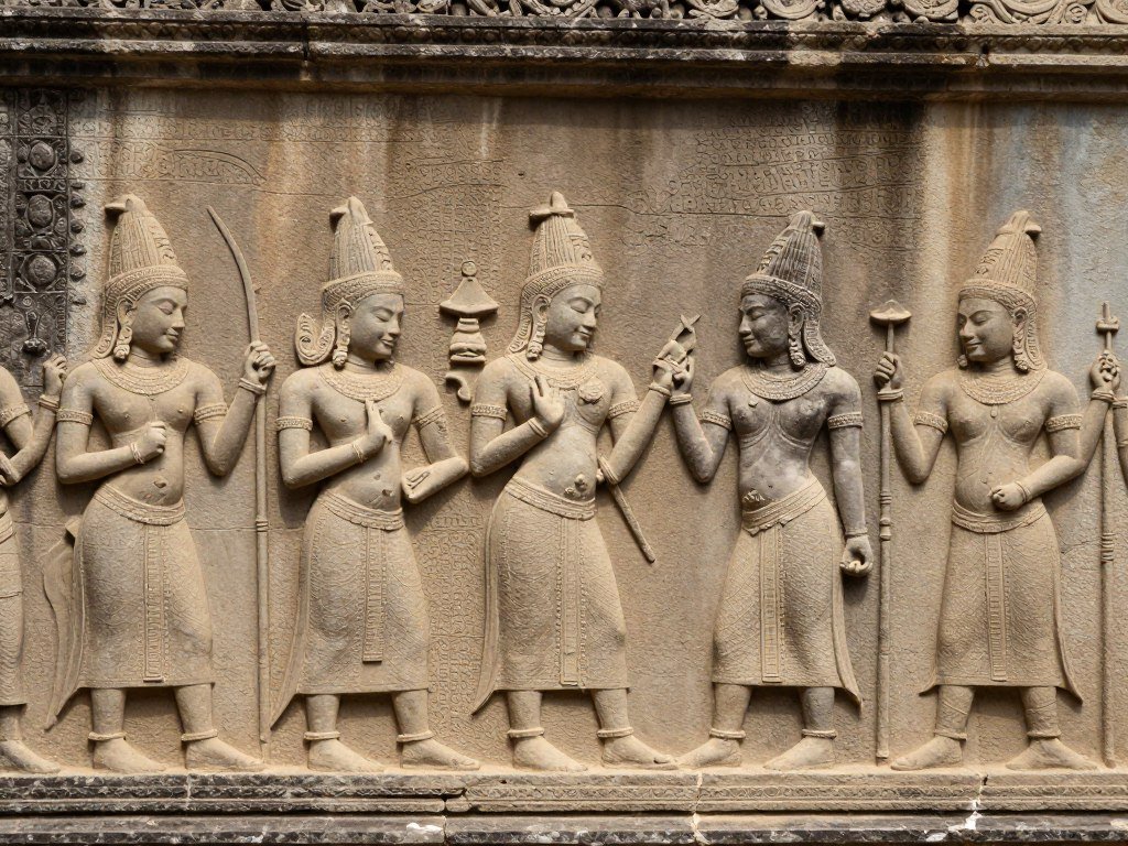 Angkor Wat bas-relief with historical Khmer figures Angkor Wat bas-relief with historical Khmer figures