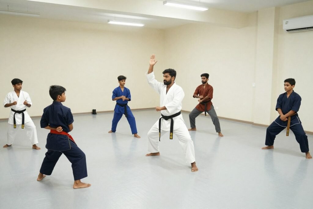 Beginner Kalaripayattu class in a safe indoor studio