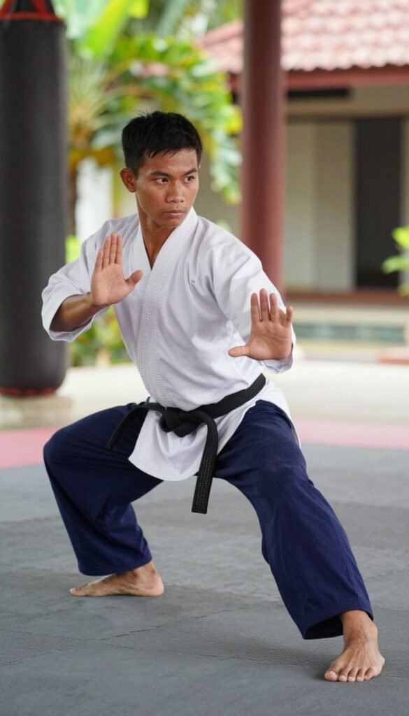 Bokator student practicing a low defensive movement Bokator student practicing a low defensive movement