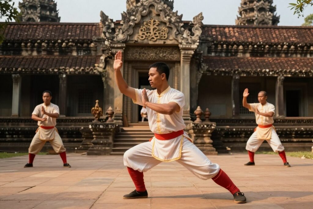 Cambodian Bokator martial art performance near a temple Cambodian Bokator martial art performance near a temple