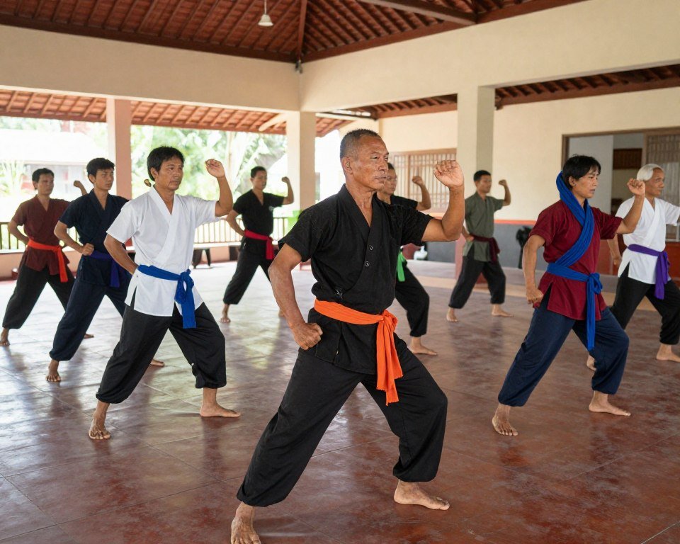 Cambodian martial artists in a respectful group training session Cambodian martial artists in a respectful group training session