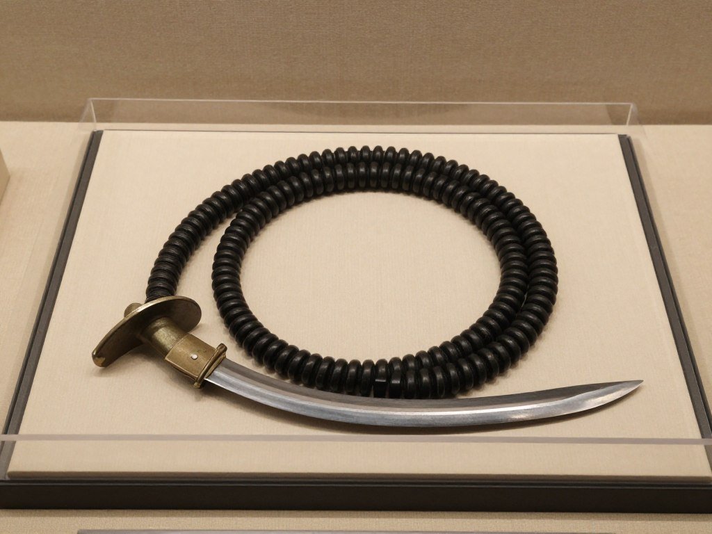 Coiled Urumi weapon shown for educational study in a secure display