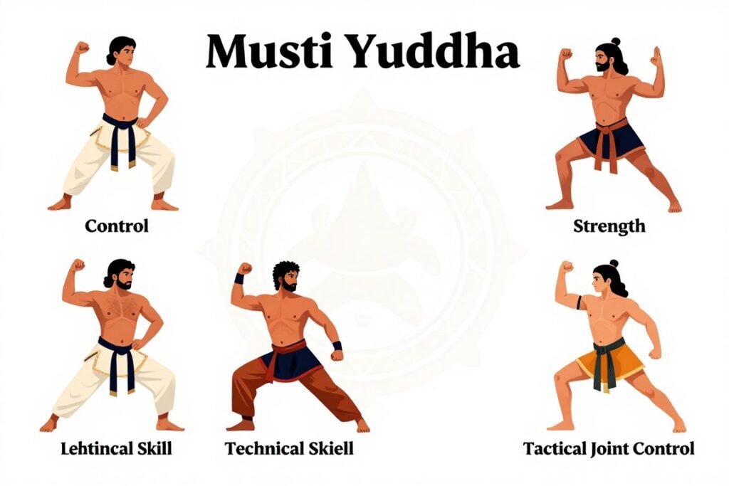 Four Musti Yuddha styles represented by Indian epic combat qualities