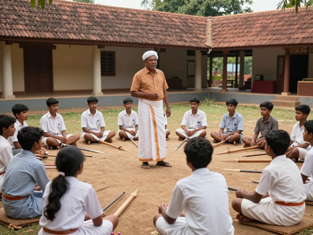 Gurukkal teaching students in a traditional kalari Gurukkal teaching students in a traditional kalari