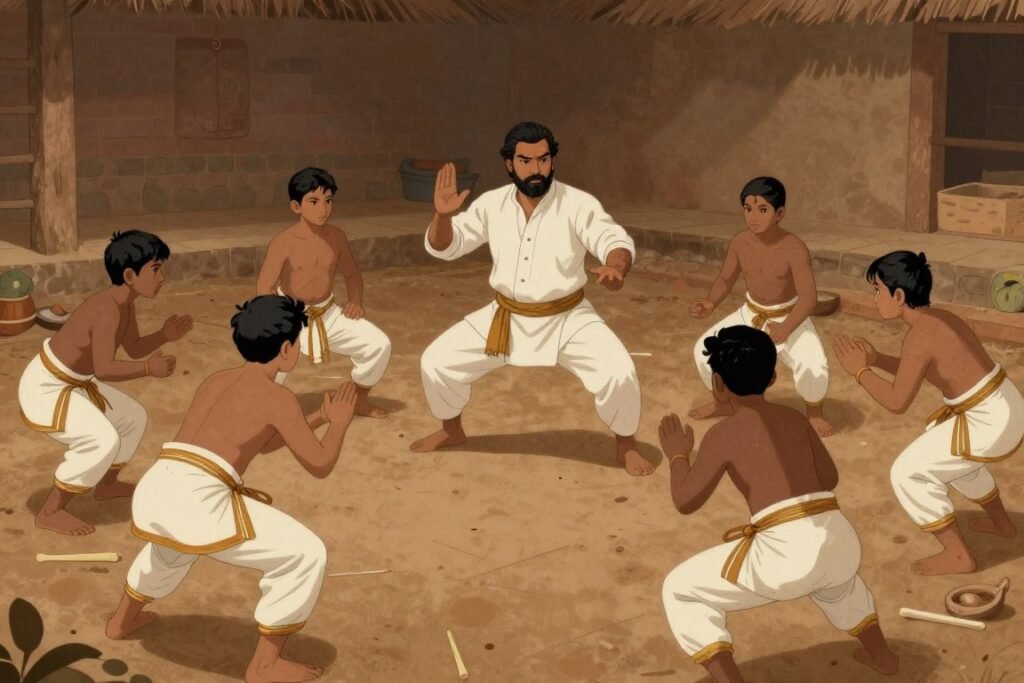 Historic Kalaripayattu training scene in Kerala