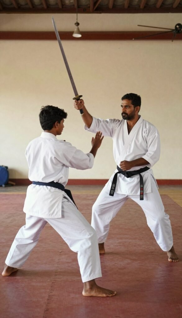 Instructor supervising safe martial arts training from a distance