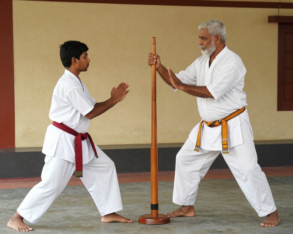Kalaripayattu Gurukkal teaching safe weapon distance Kalaripayattu Gurukkal teaching safe weapon distance
