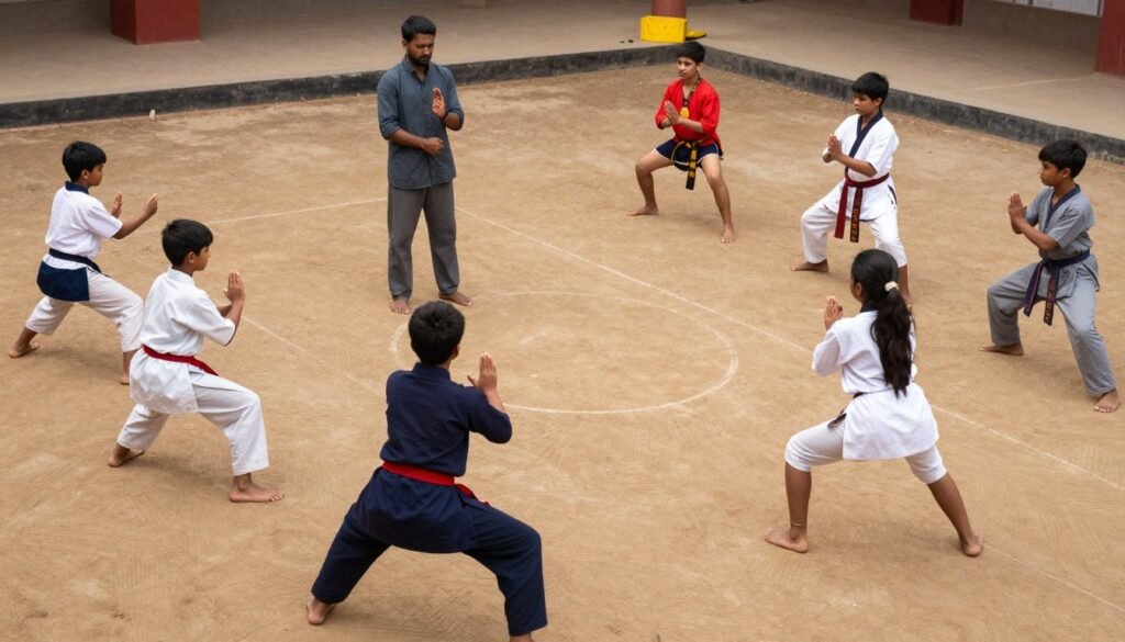 Kalaripayattu animal posture training on an earthen floor