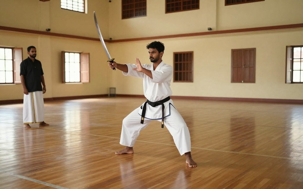 Kalaripayattu footwork practice without a live Urumi blade