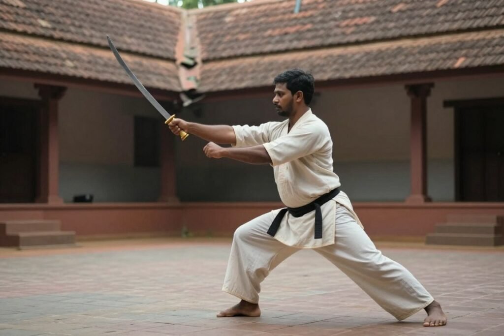 Kalaripayattu practitioner studying a traditional sword display