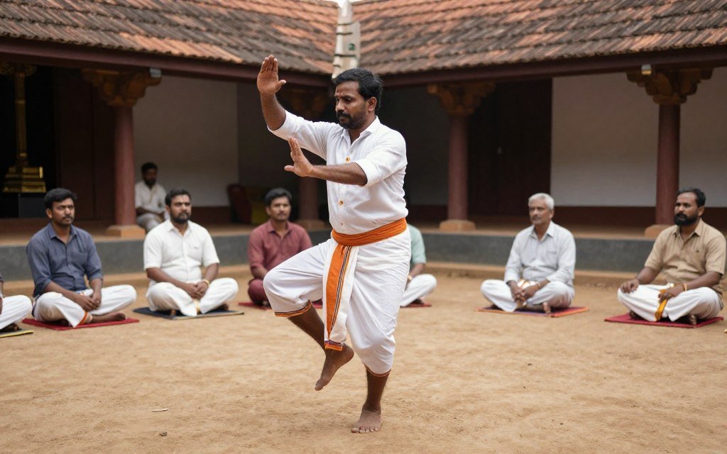 Kalaripayattu practitioner training inside a Kerala kalari