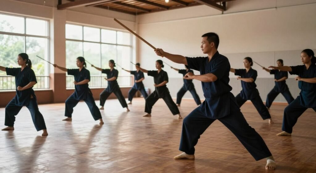 Long staff practice in a Cambodian martial arts school Long staff practice in a Cambodian martial arts school