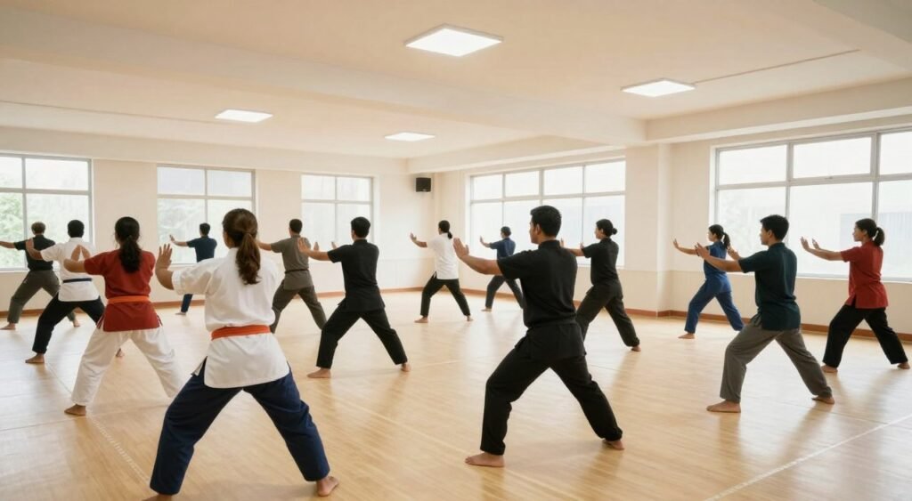 Modern Indian martial arts class with traditional and contemporary elements
