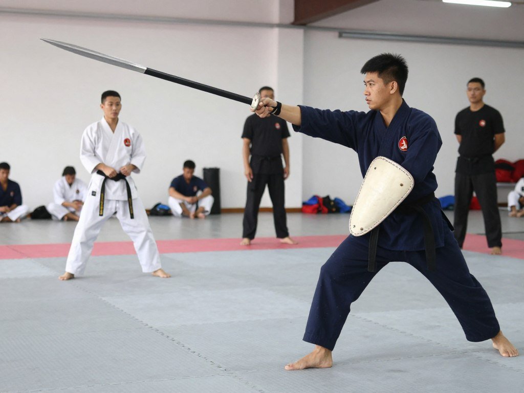 Padded spear and training shield in Cambodian martial arts Padded spear and training shield in Cambodian martial arts