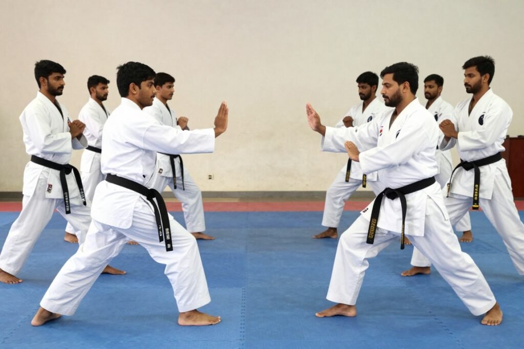 Practitioners from two Indian martial arts training with discipline