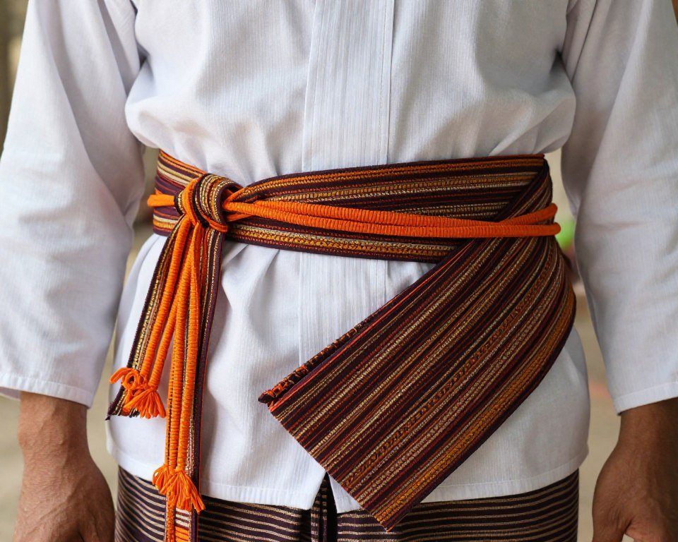 Traditional Cambodian martial arts attire with sangvar cords and sabay sash Traditional Cambodian martial arts attire with sangvar cords and sabay sash