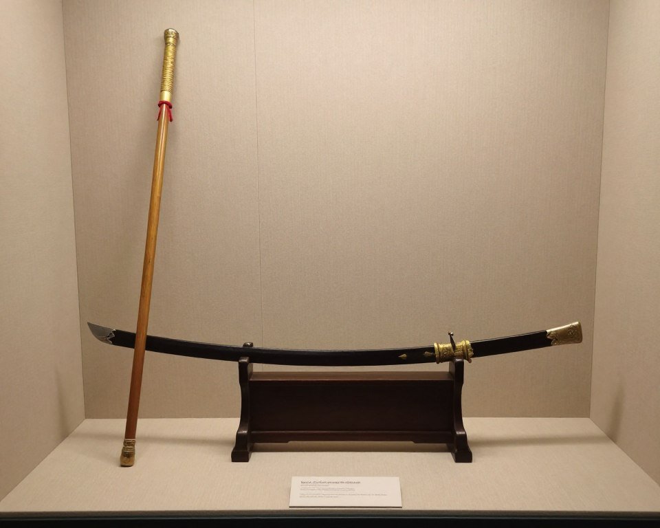 Traditional Cambodian martial arts weapon display with sword and staff Traditional Cambodian martial arts weapon display with sword and staff