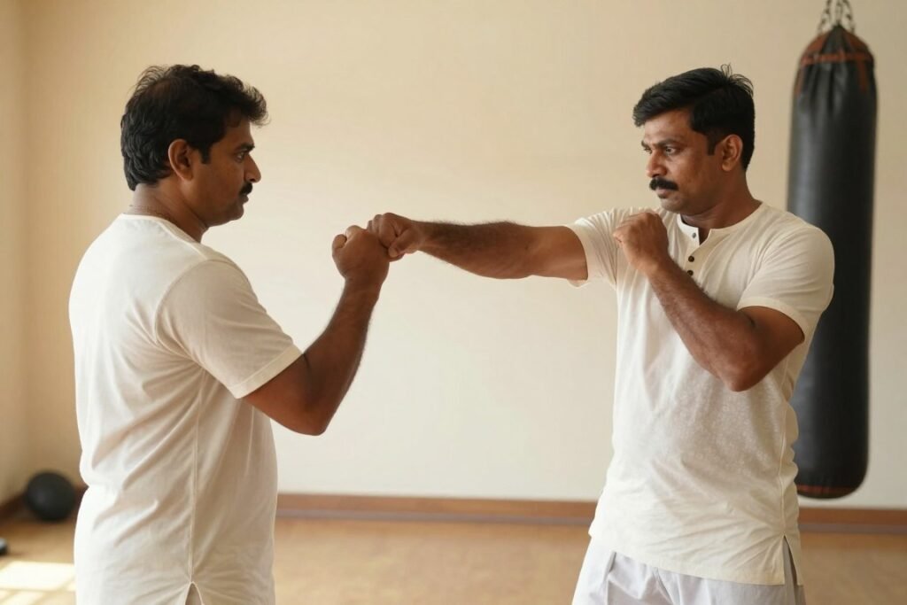 Traditional Indian boxing practitioner practicing hand strikes