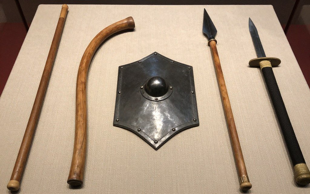 Traditional Kalaripayattu wooden staff and training weapons