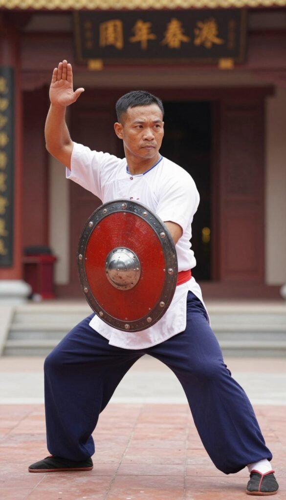 Traditional shield form shown in Cambodian martial arts demonstration Traditional shield form shown in Cambodian martial arts demonstration