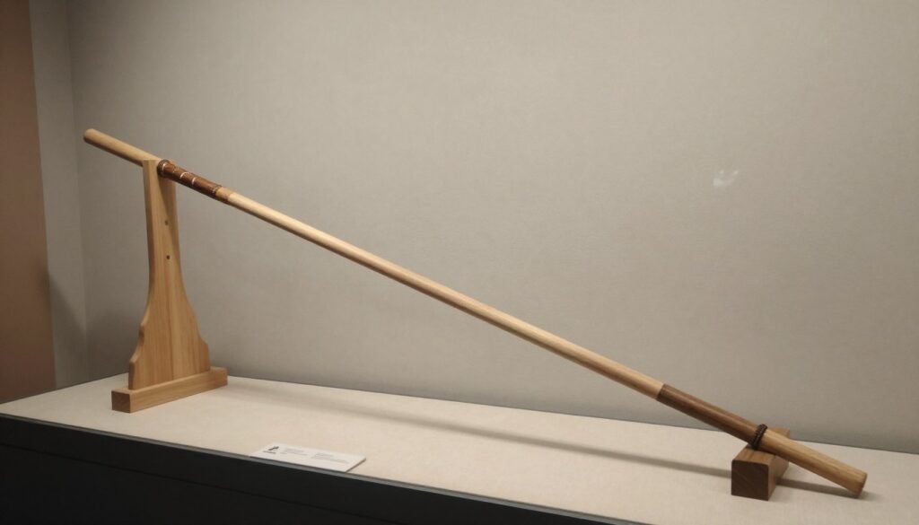 Traditional staff displayed with Cambodian martial arts equipment Traditional staff displayed with Cambodian martial arts equipment