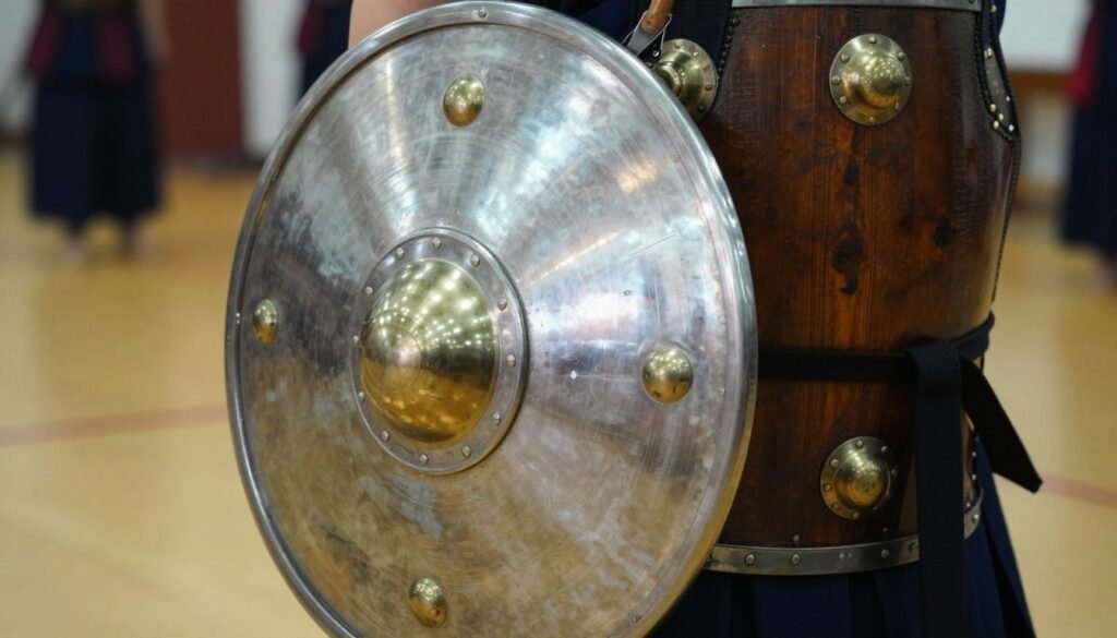 A circular metal dhal shield alongside a matching paricha buckler on a wooden display