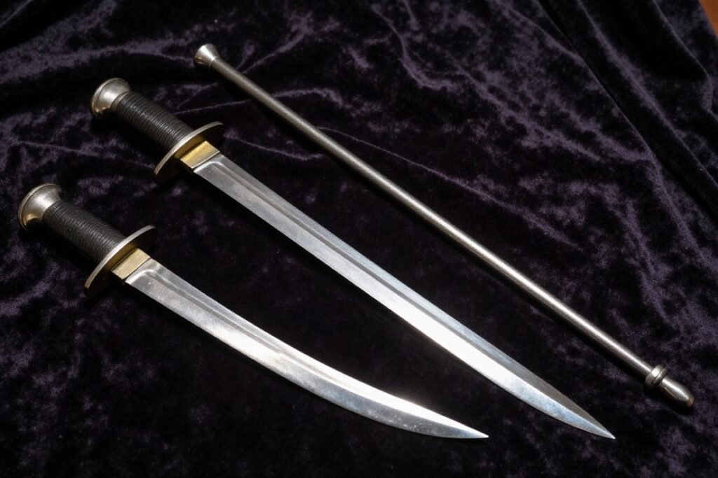 A collection of historical Indian daggers including a katar and a bichua