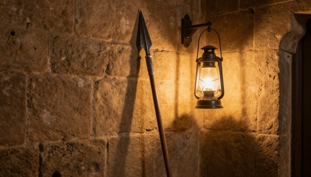 A traditional Indian steel-tipped spear resting upright against a wall in a historic training hall