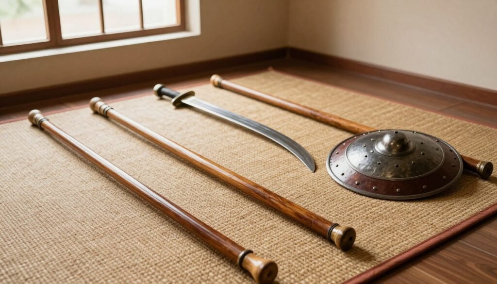A wooden training stick and steel curved sword resting on a traditional floor mat representing Gatka vs. Kalaripayattu weapons