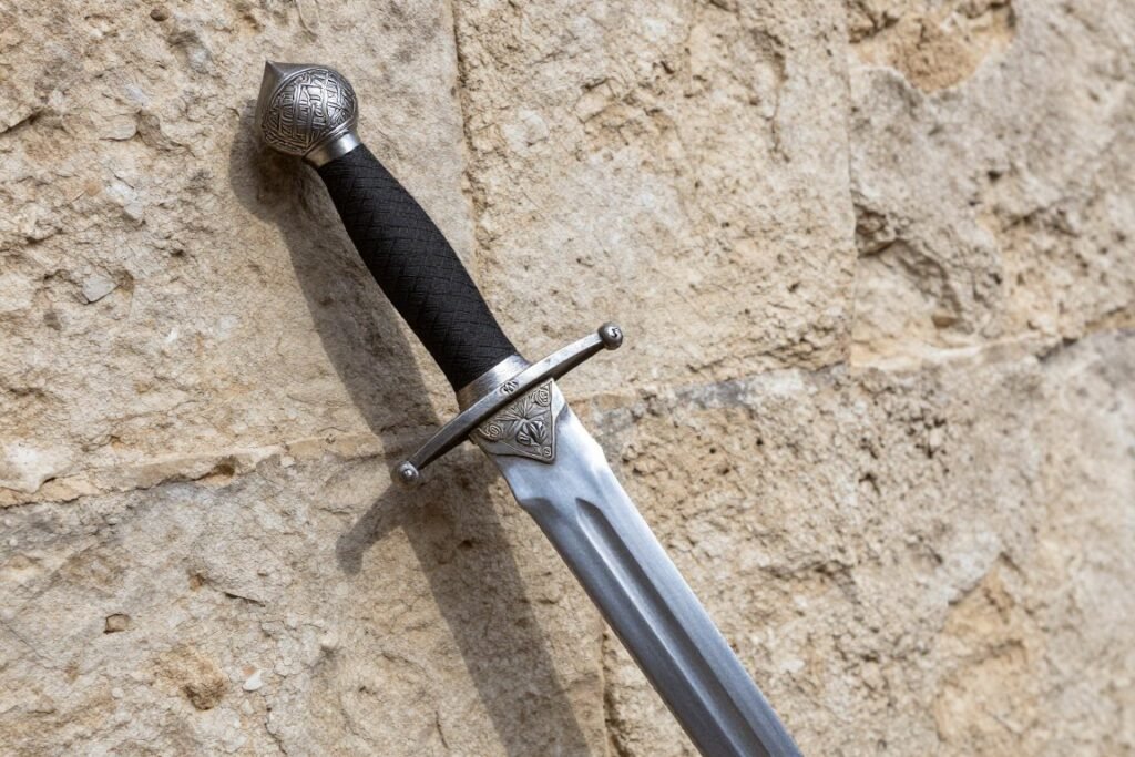 Antique Khanda sword showing basket hilt and broad double edged blade