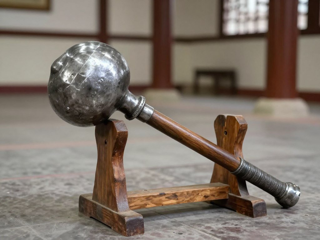 Antique steel mace with fluted spherical head