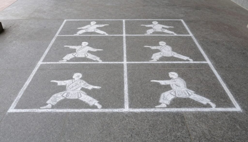 Chalk geometric stepping diagrams drawn on a practice floor