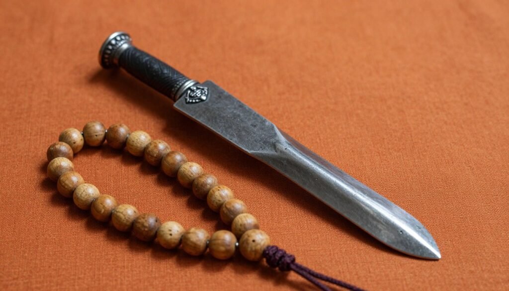 Close view of steel Kirpan and Sikh prayer beads resting on cloth