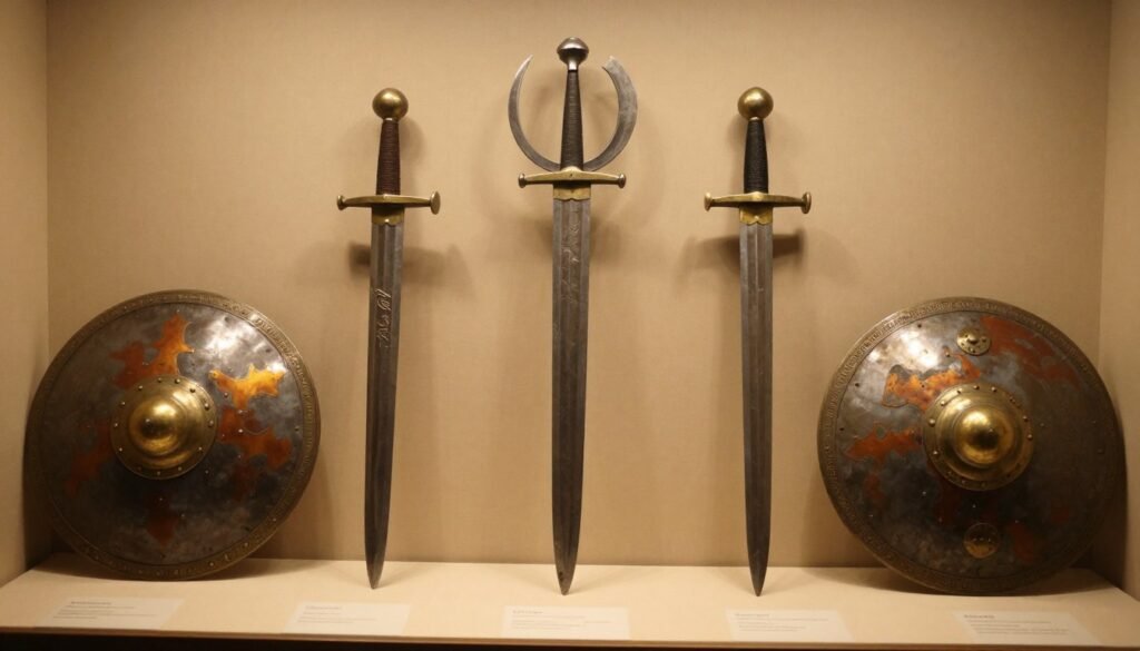 Collection of antique steel Khanda swords and round shields on display