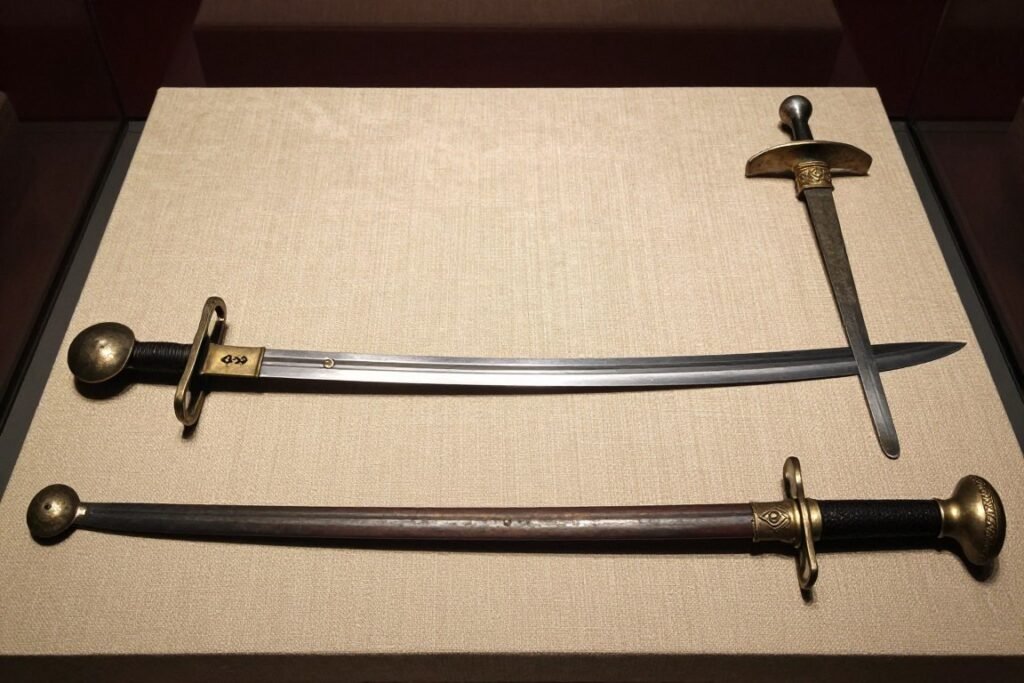 Collection of historic Indian arms including a Talwar, Khanda, and Kirpan