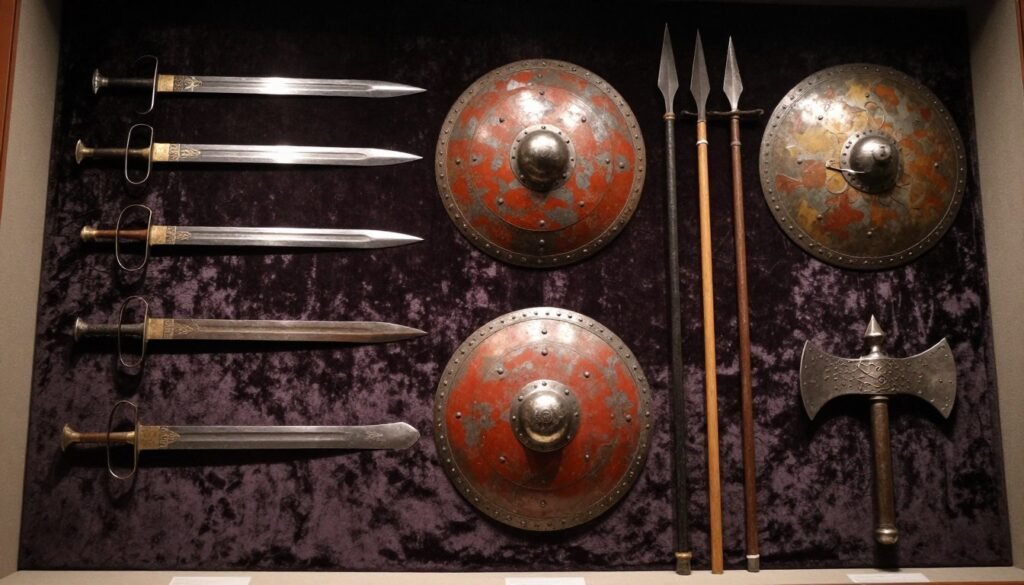 Collection of traditional Sikh martial art weapons on display