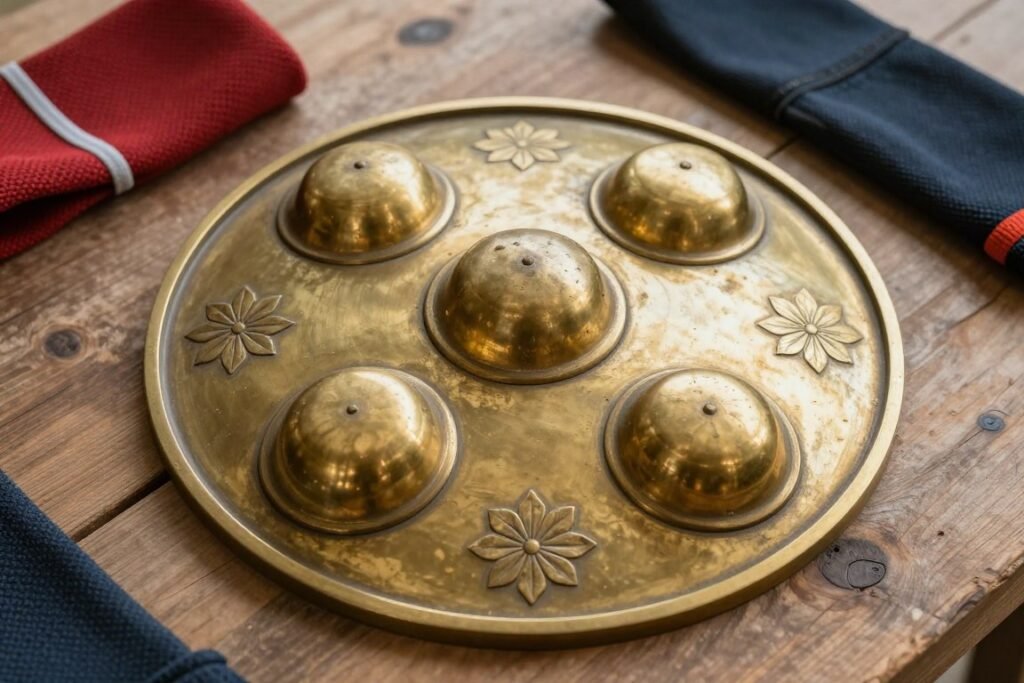 Convex leather and steel dhal shields resting on a wooden training table