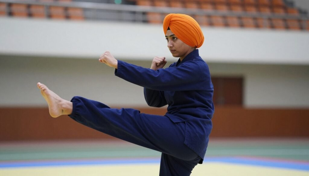 Female Sikh martial artist performing a stick form with focused intensity