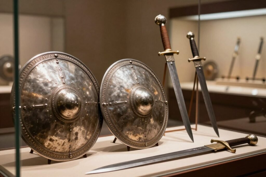 Historic steel shields and ceremonial blades displayed in a heritage collection