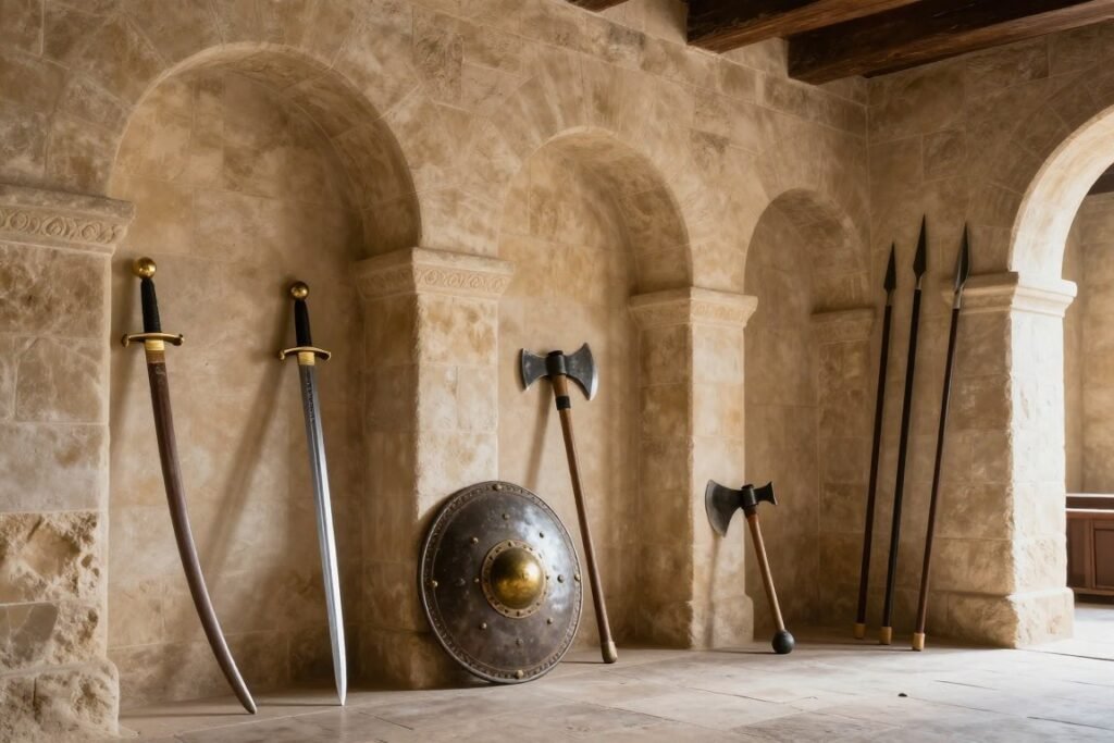 Historical Sikh armory with steel swords, shields, and spears