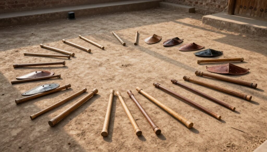 Historical wooden weapons and shields resting on a dirt training floor