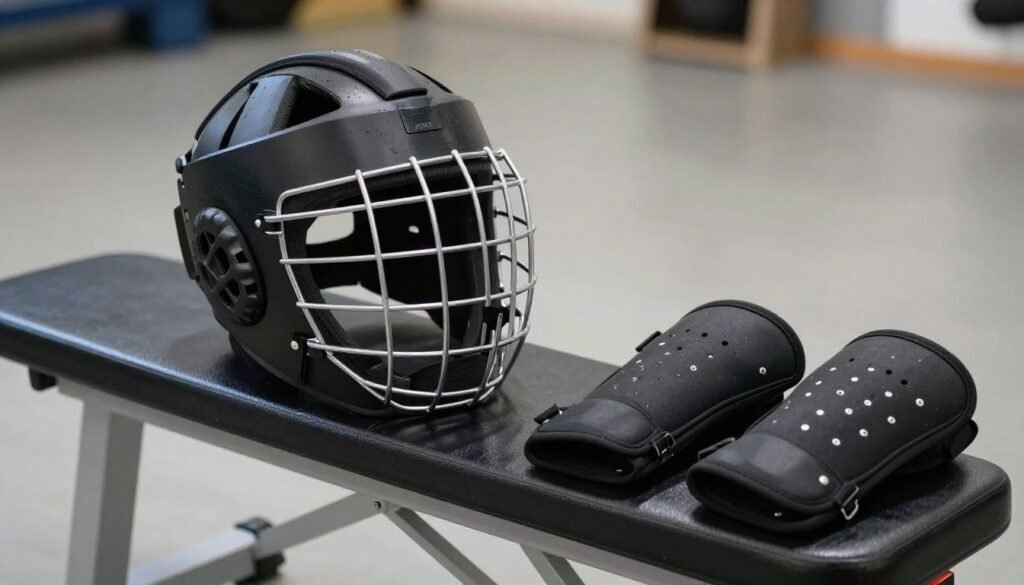 Modern Gatka tournament safety gear arranged on a bench