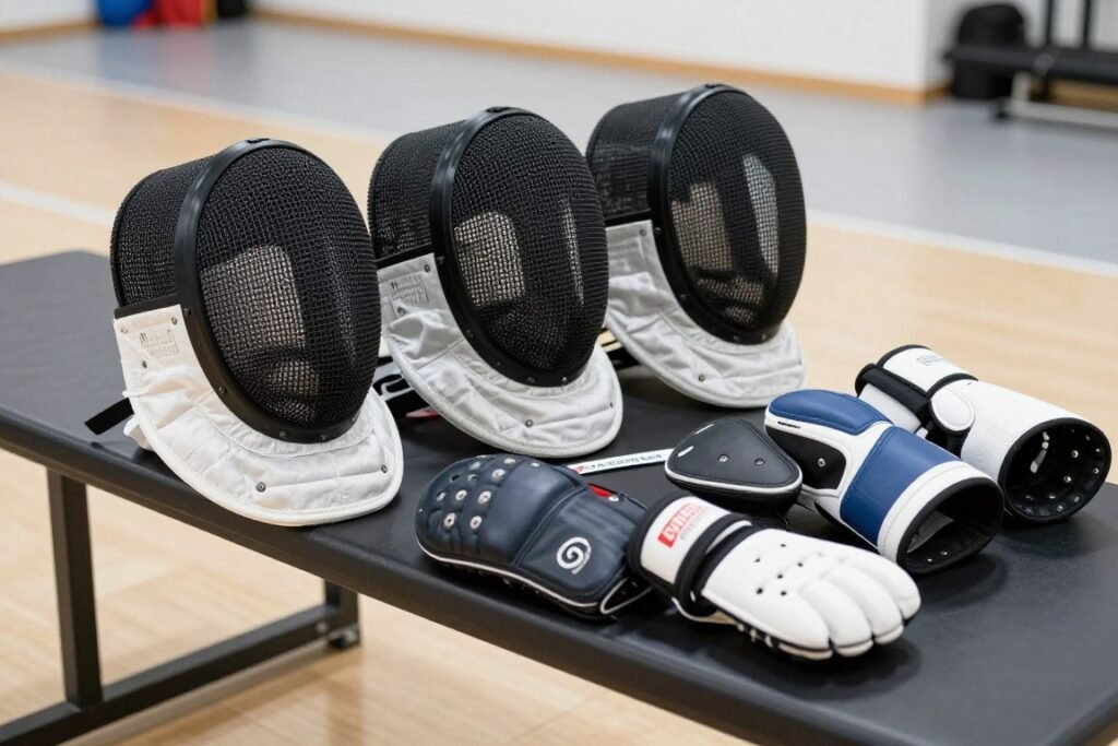 Padded safety helmet and gloves used in modern Gatka sparring