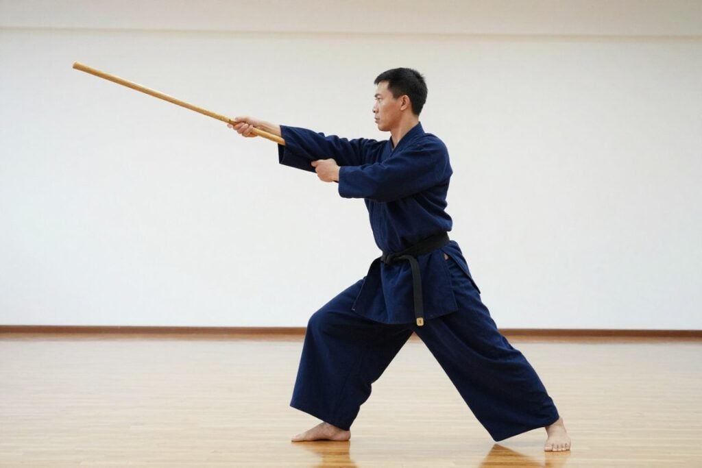 Practitioner demonstrating circular footwork with a wooden soti stick