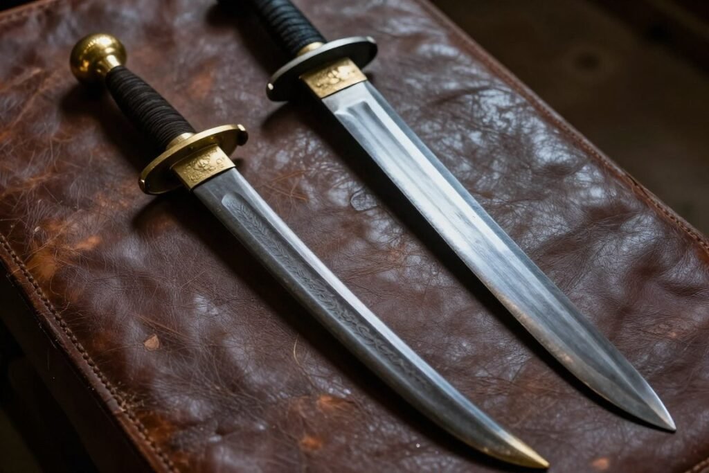 Steel talwar curved sword and broad tega sword side by side