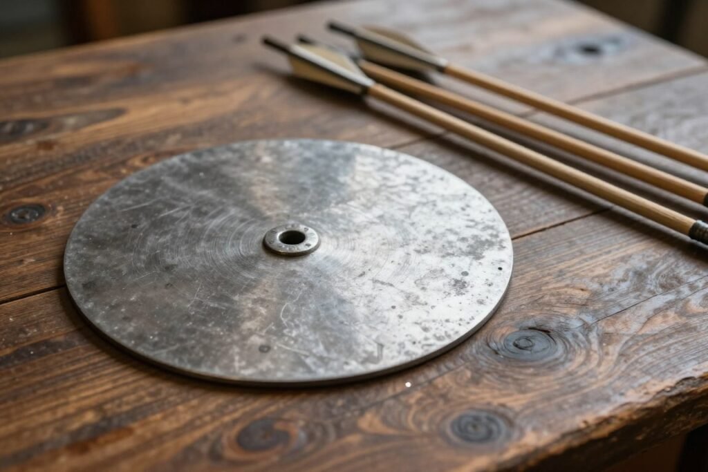 Steel throwing chakram and traditional arrows resting on wooden table