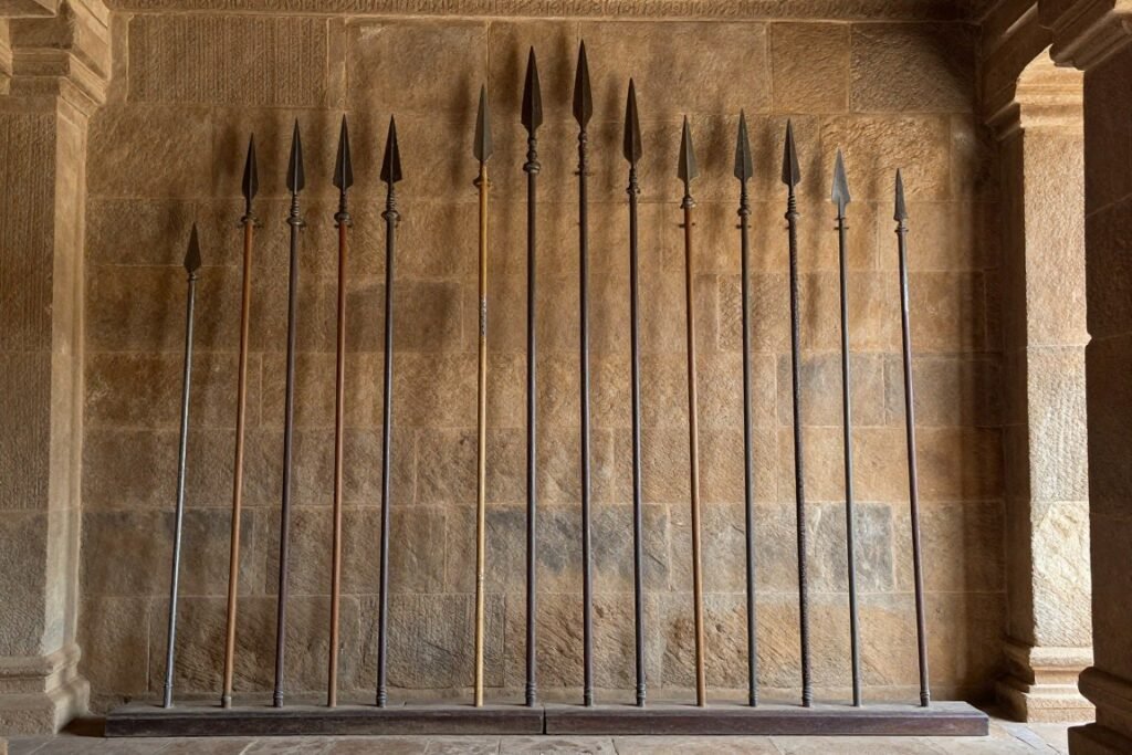 Traditional Indian spears and javelins displayed on a wall rack