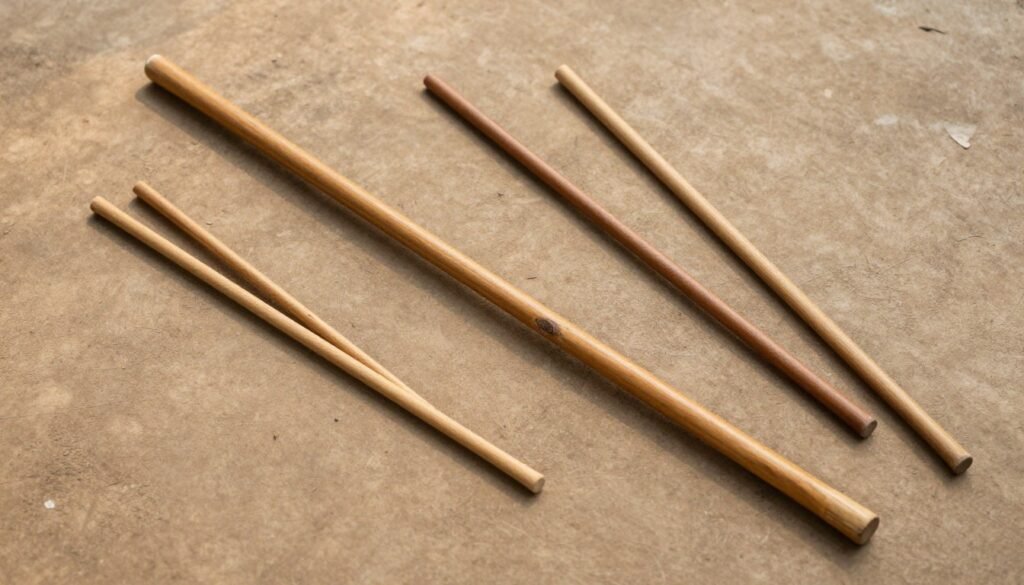 Traditional Indian wooden martial arts training sticks including a long staff and short sticks