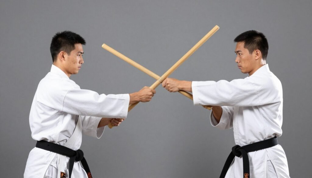 Two martial artists executing a stick deflection and wrist lock drill