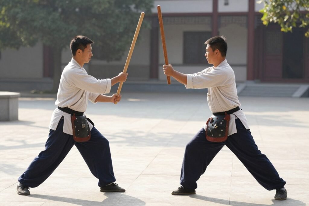 Two martial artists practicing soti stick techniques in traditional clothing